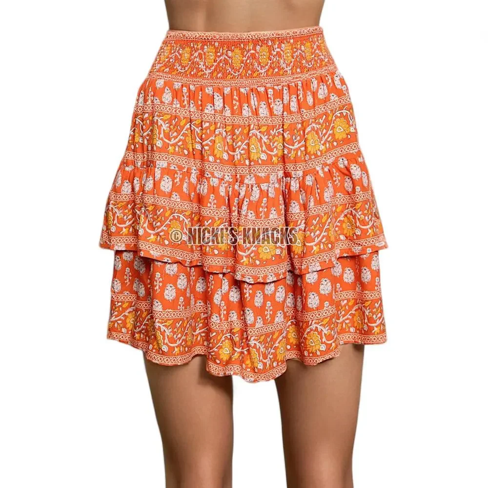 Nicole Miller Mini Skirt Orange Yellow Floral Ruffle Boho Cottagecore Chic Sze S